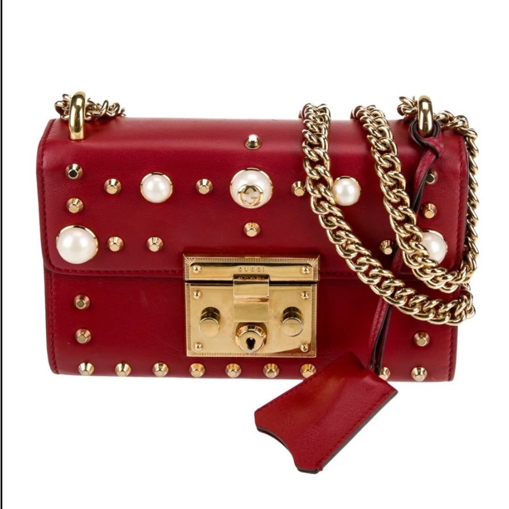 Gucci♥️ Red padlock Leather Pearl & Gold Stud Chain Crossbody Bag